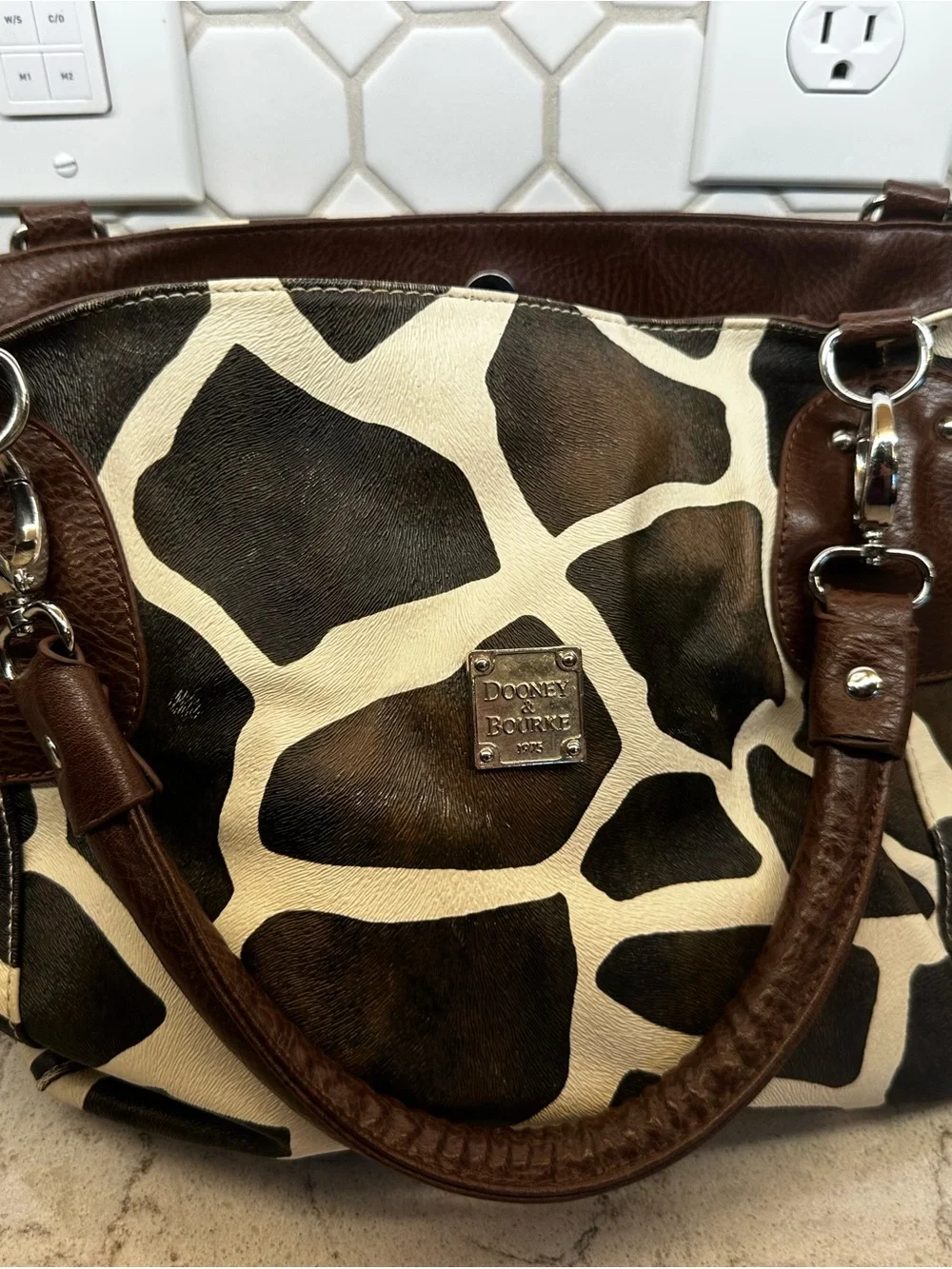 Dooney & Bourke Brown and Cream Giraffe-Print Leather Shoulder Bag